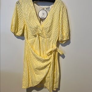 Yellow Asymmetrical Wrap Mini Dress with Puff Sleeves